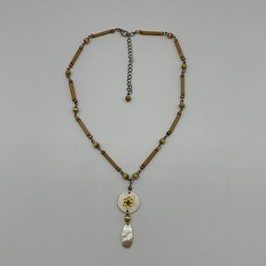 Wood and Shell Link Necklace with Yellow Rhinestone Flower